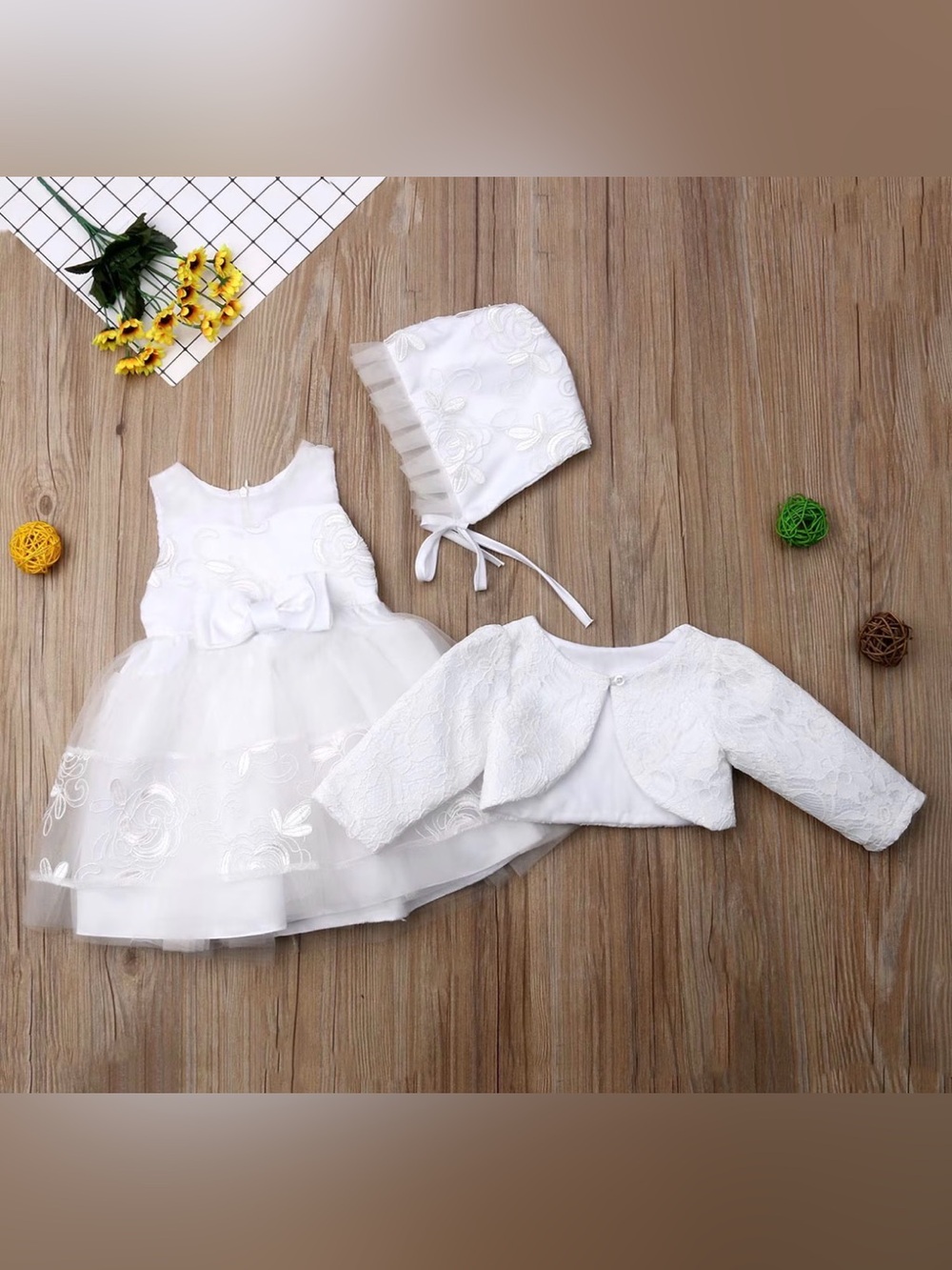 New White Baby Girl Lace Dress Set with Bonnet and Bolero- size 6 to 9 months